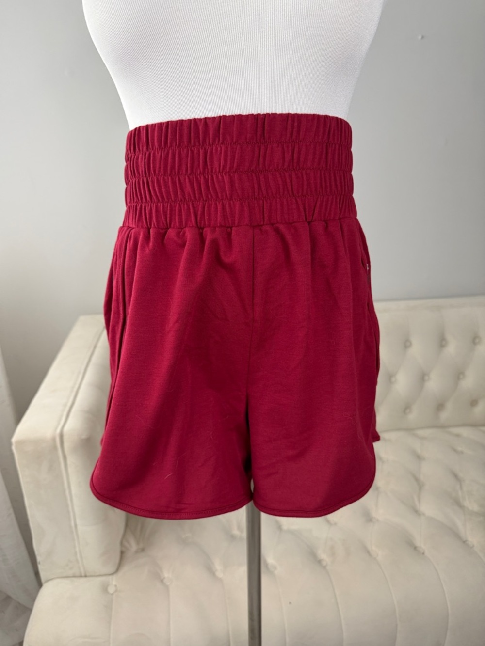 HALARA Smocked High Waist Athletic Shorts in Burgundy red L
